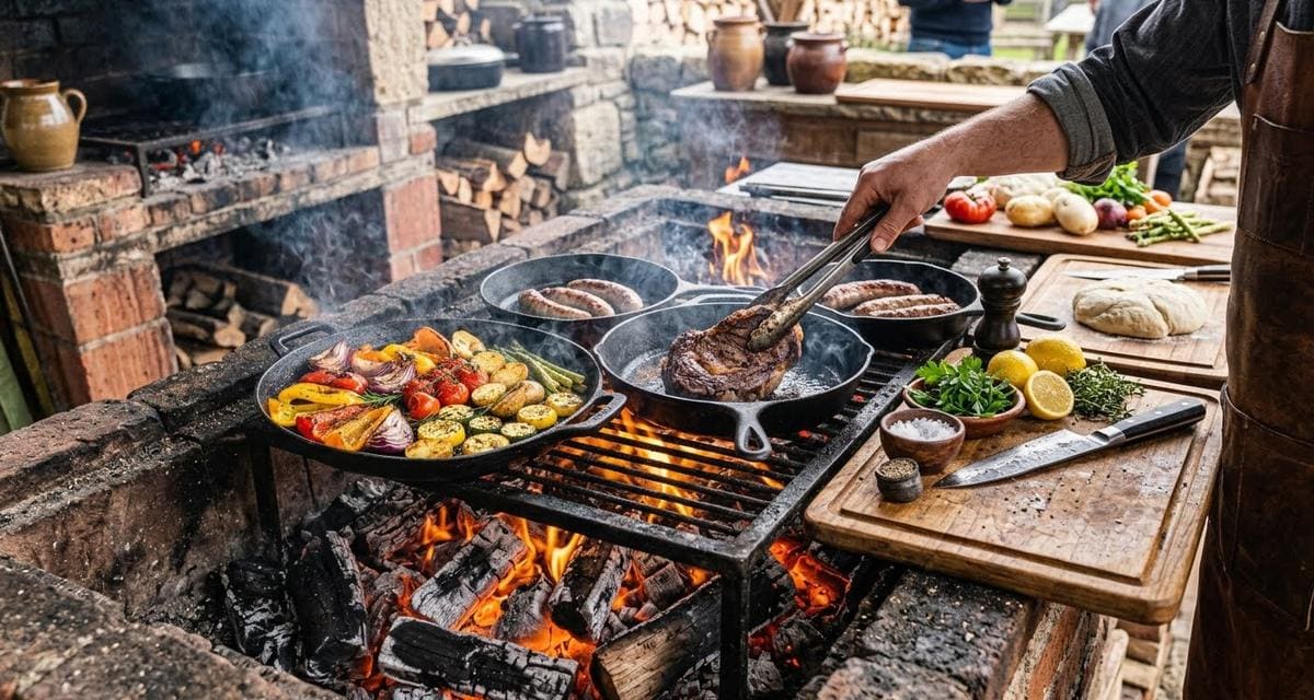 Wood-fired grill with meat, sausages, and vegetables