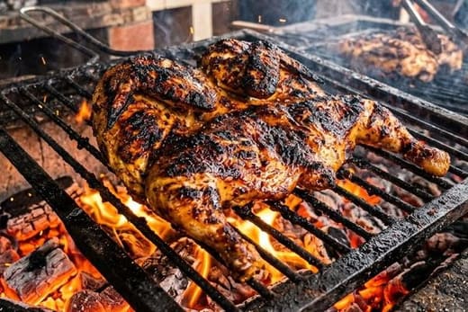 Golden chicken on a charcoal grill