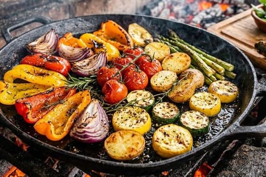 Roasted vegetables in a cast-iron pan